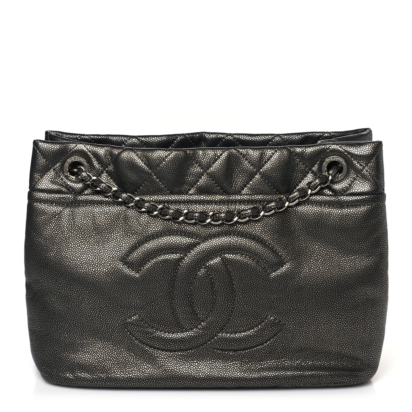 Metallic Caviar Quilted CC Timeless Tote Dark Silver