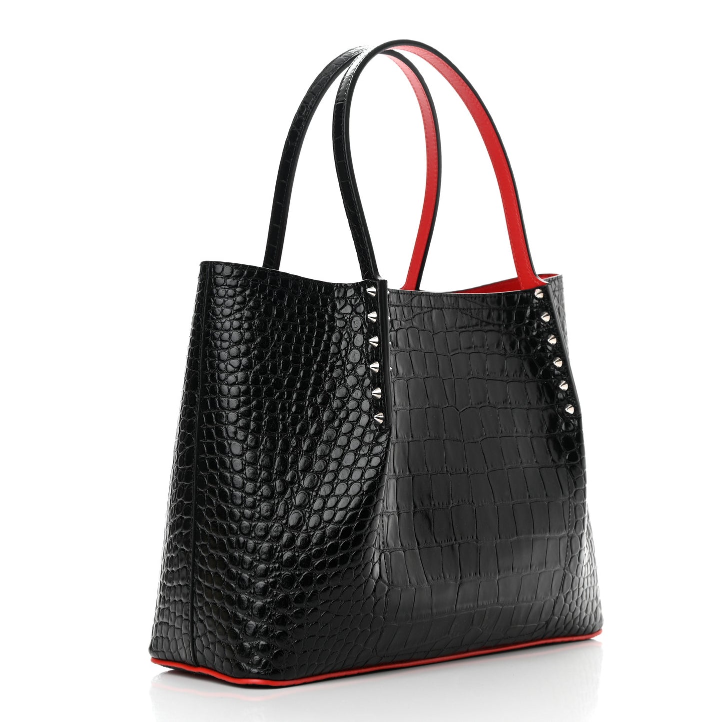 Crocodile Embossed Calfskin Spiked Small Cabarock Shopper Tote Black