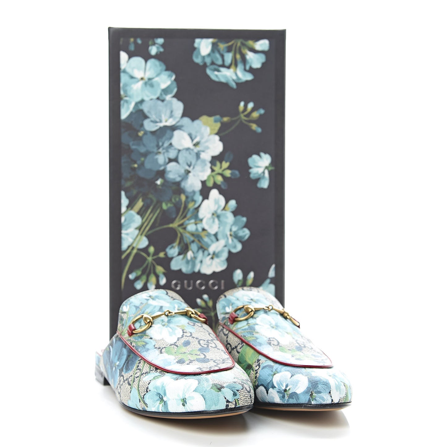 GG Supreme Monogram Blooms Womens Princetown Slippers 37.5 Beige Blue Navy Hibiscus Red