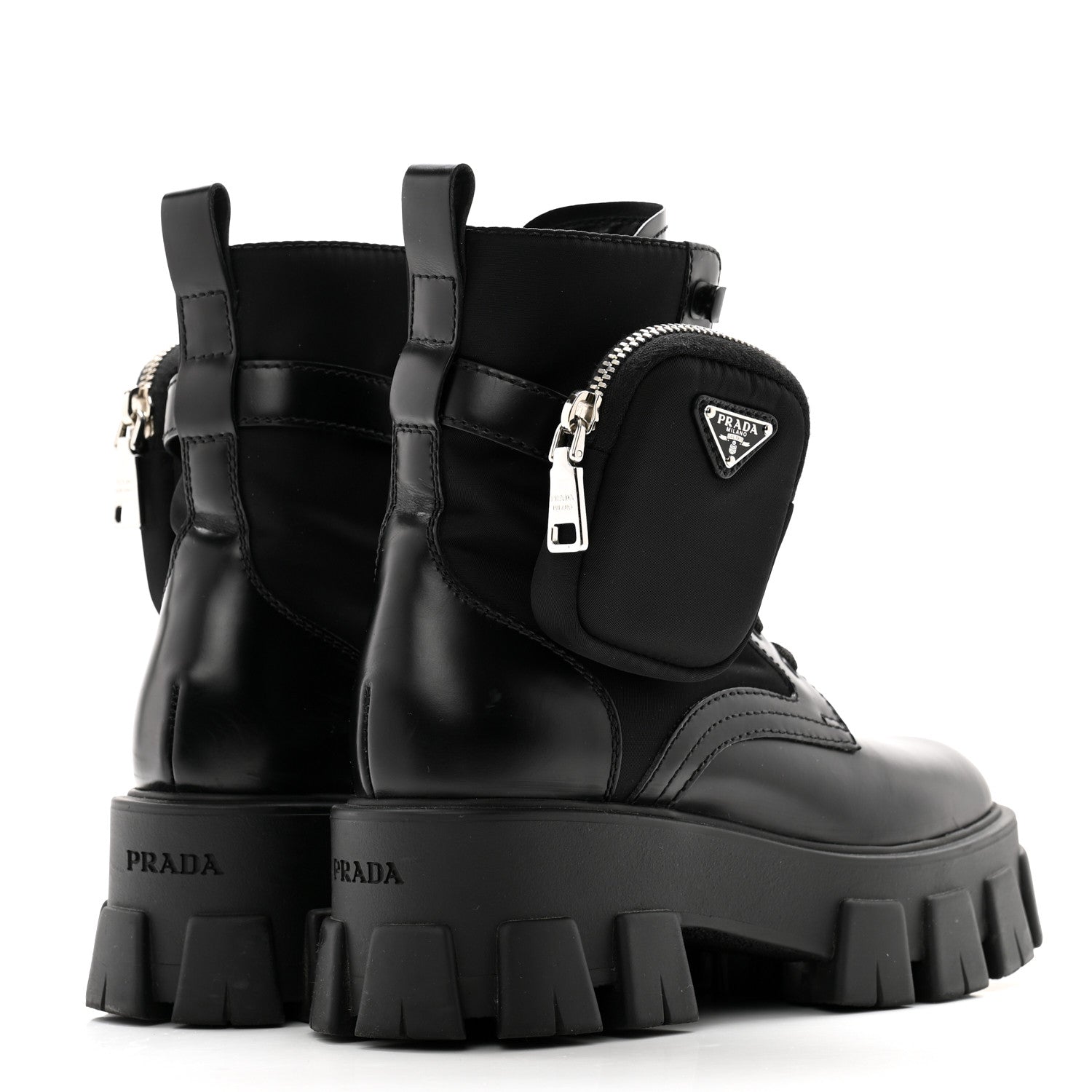 Prada Spazzolato Rois Re-Nylon Metal Triangle Logo Monolith Pouch Pocket 55mm Boots 35.5 Black 4 of 11