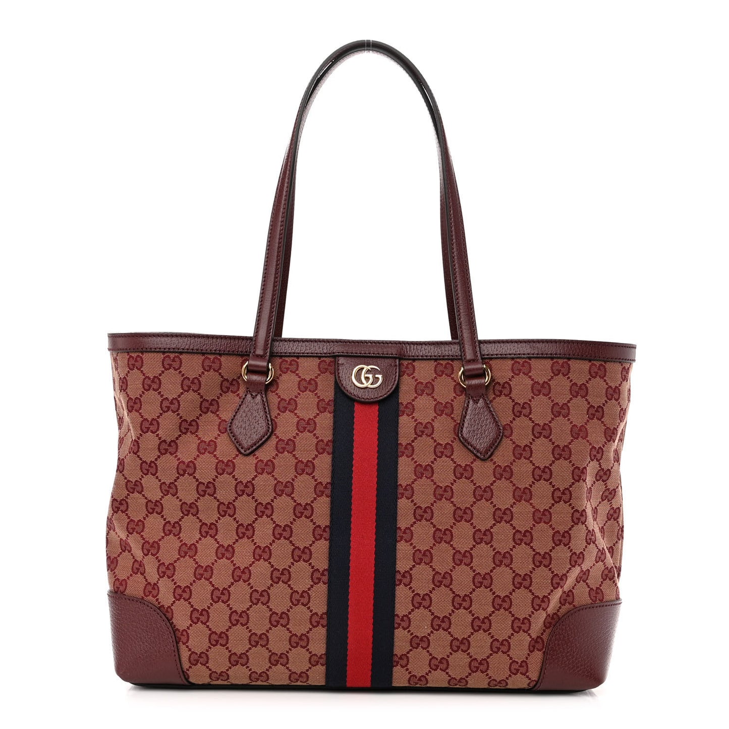 Monogram Textured Dollar Calfskin Web Medium Ophidia Shopping Tote Sahara Rubino Chardonnay