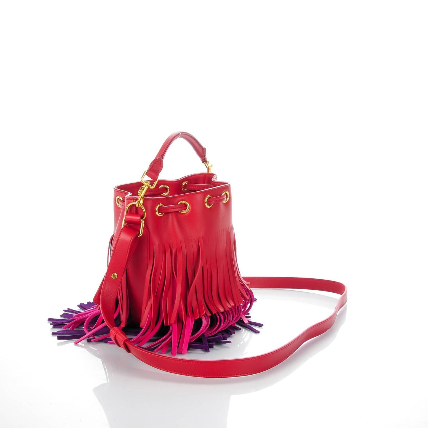 Calfskin Tri-Color Small Emmanuelle Fringe Bucket Bag Red Bubblegum Purple
