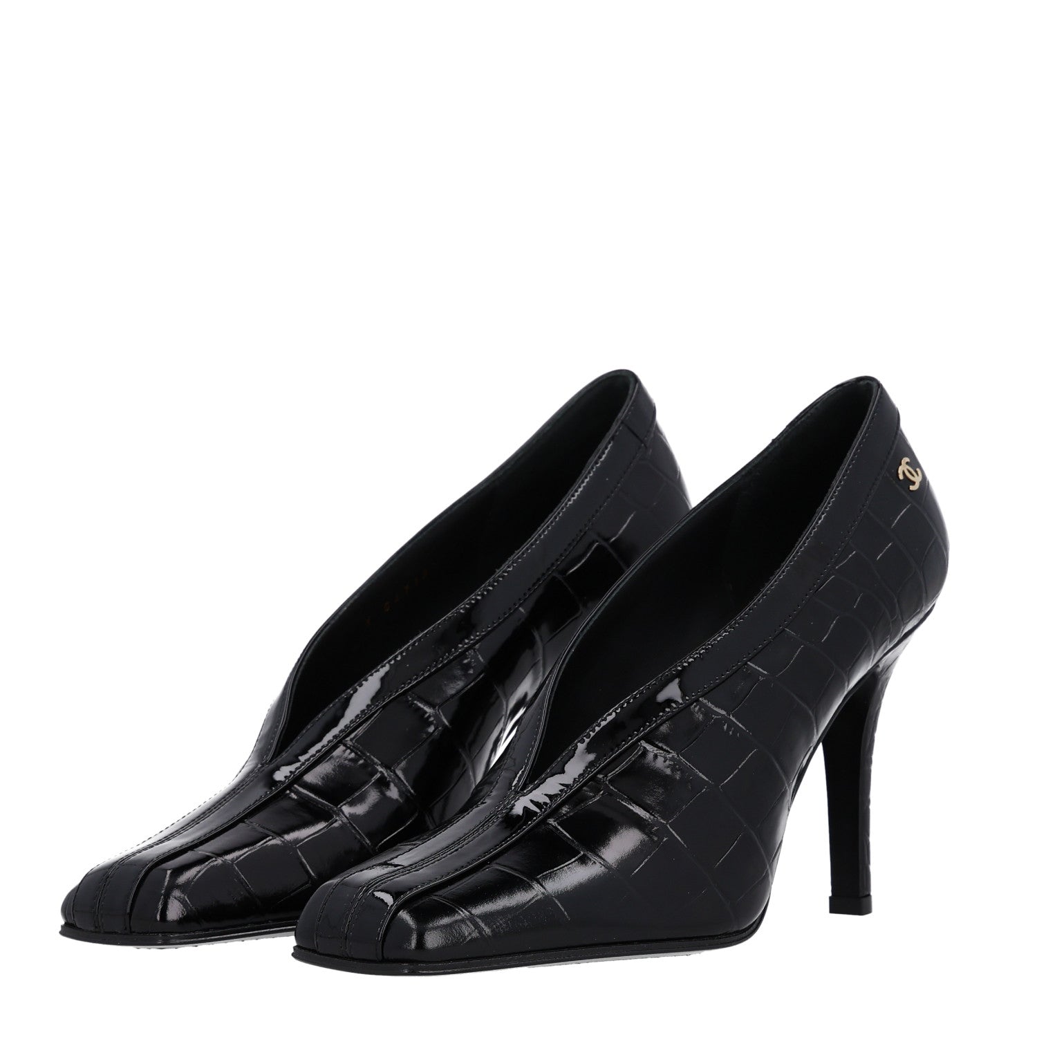 Chanel Crocodile Embossed Patent Calfskin Pumps 37.5 Black 6 of 11