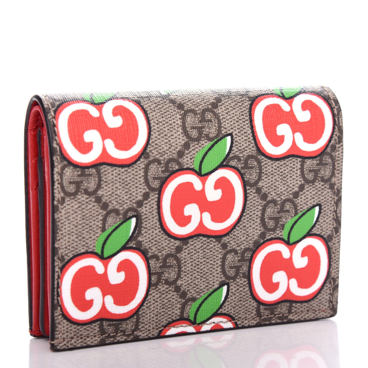 GG Supreme Monogram Apple Card Case Wallet Beige Multicolor Lobster Red
