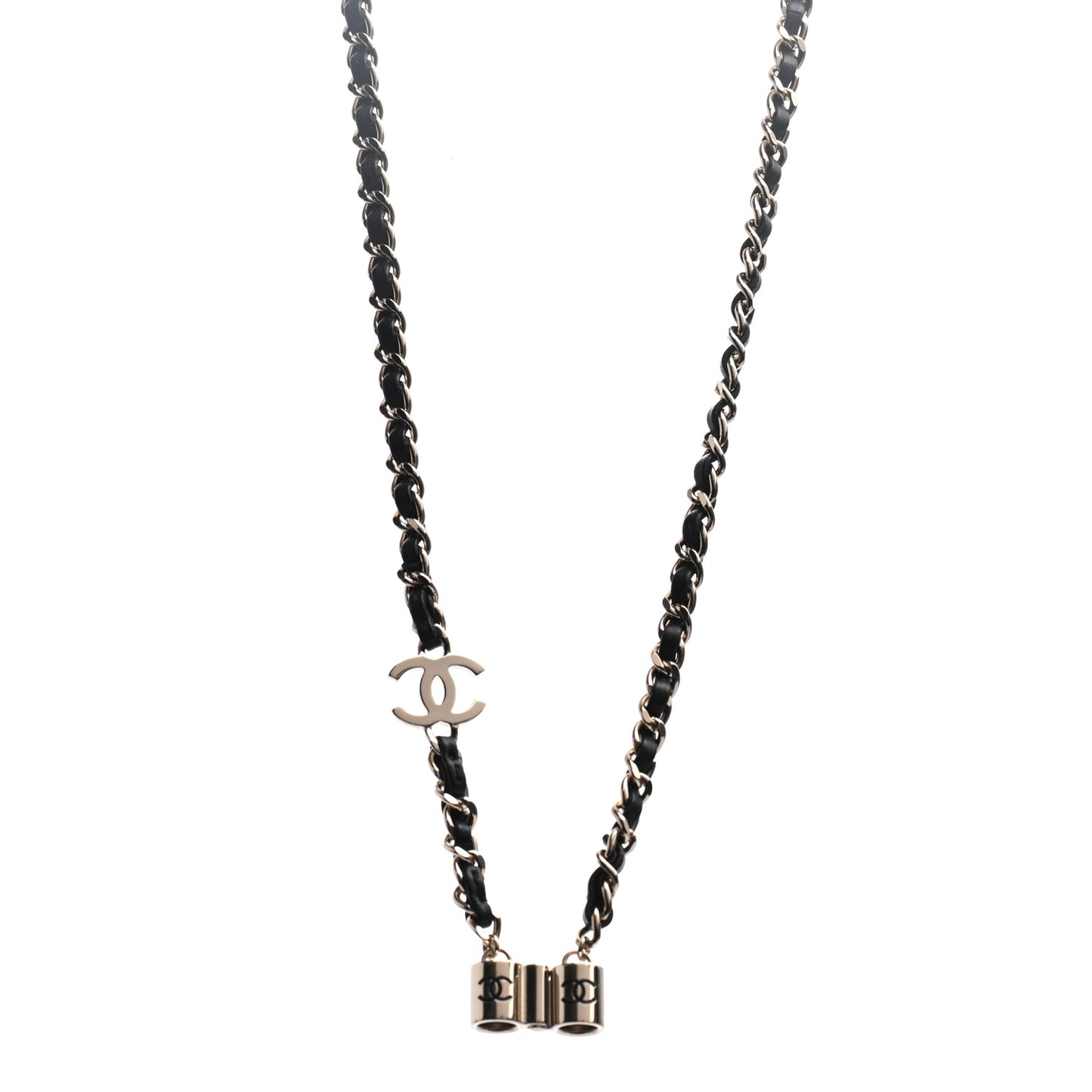 Metal Lambskin CC AirPods Necklace Gold Black