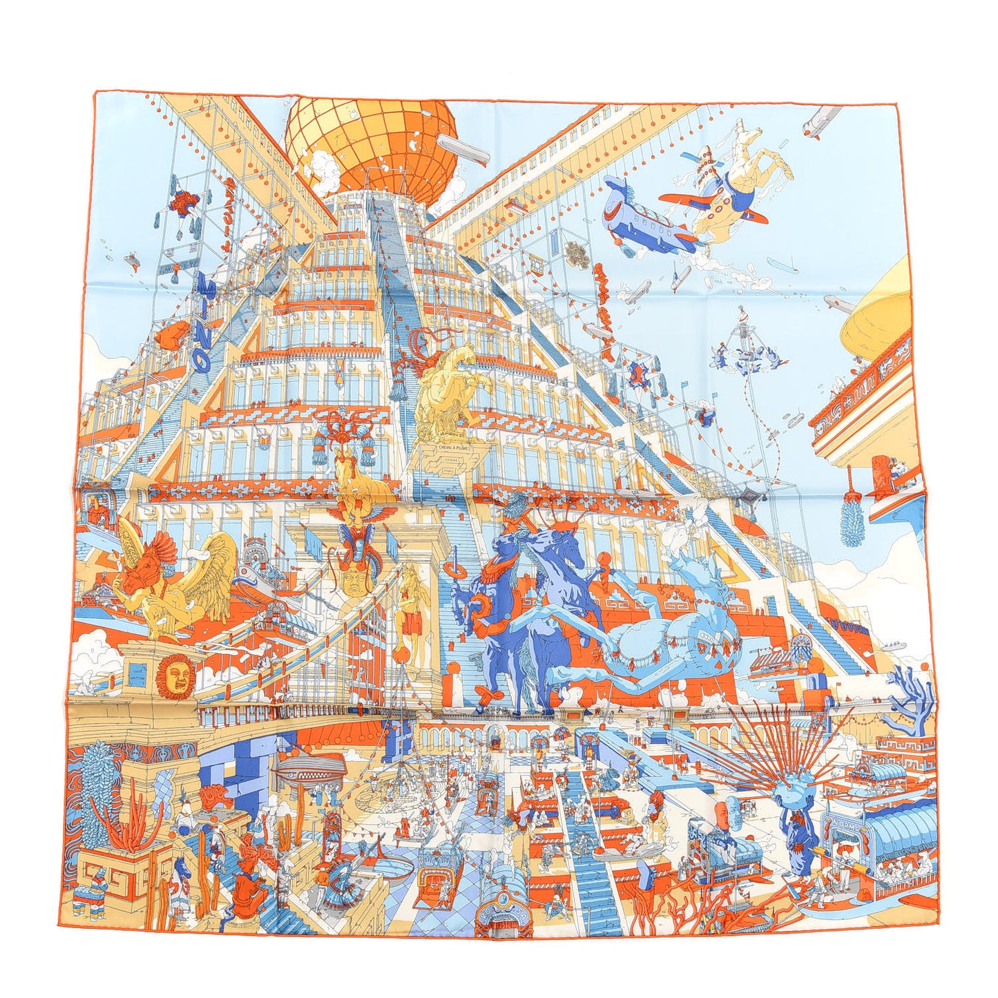Silk La Legende Du Cheval Scarf 90 Orange Ciel Beige