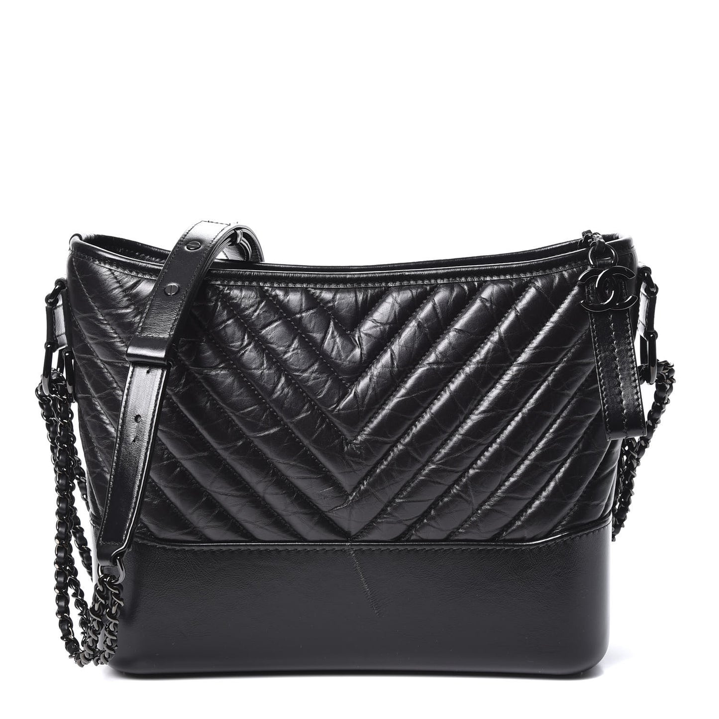 Aged Calfskin Chevron Quilted Medium Gabrielle Hobo Black