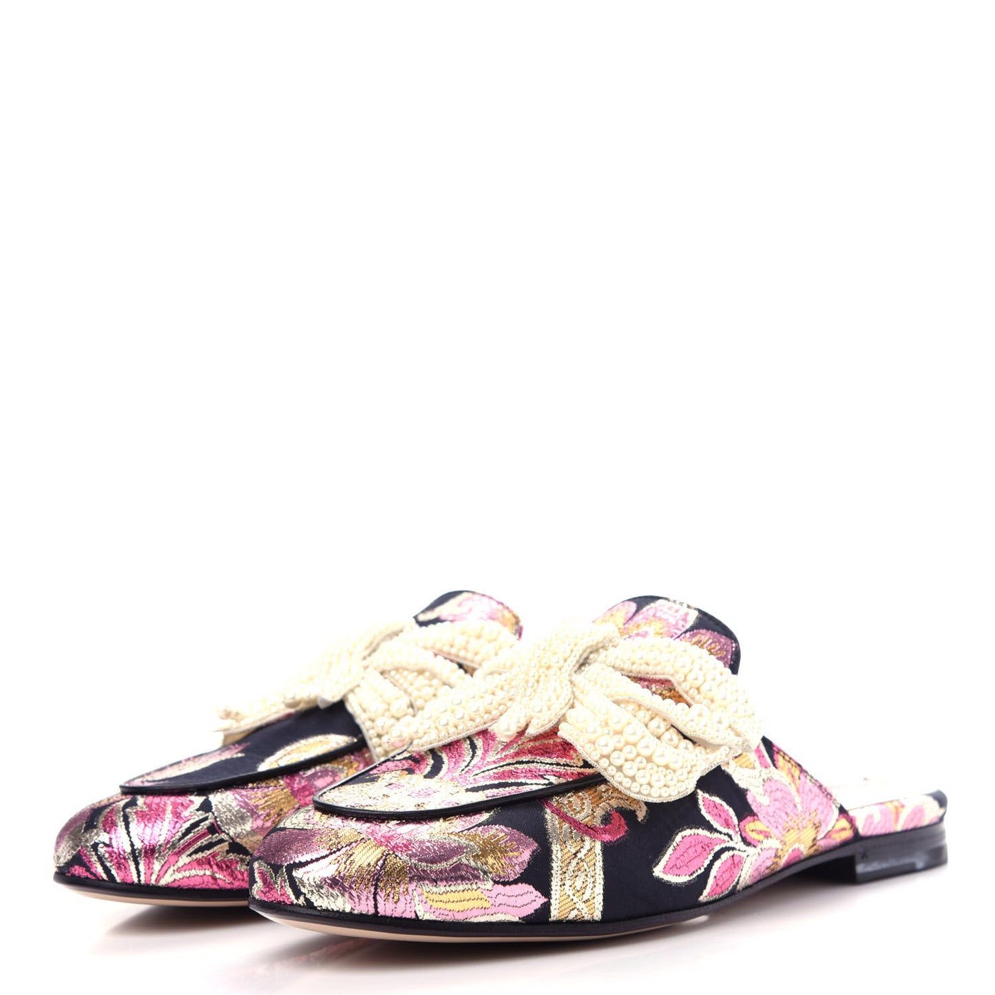 Iridescent Brocade Pearl Bow Womens Princetown Slippers 37.5 Black Pink