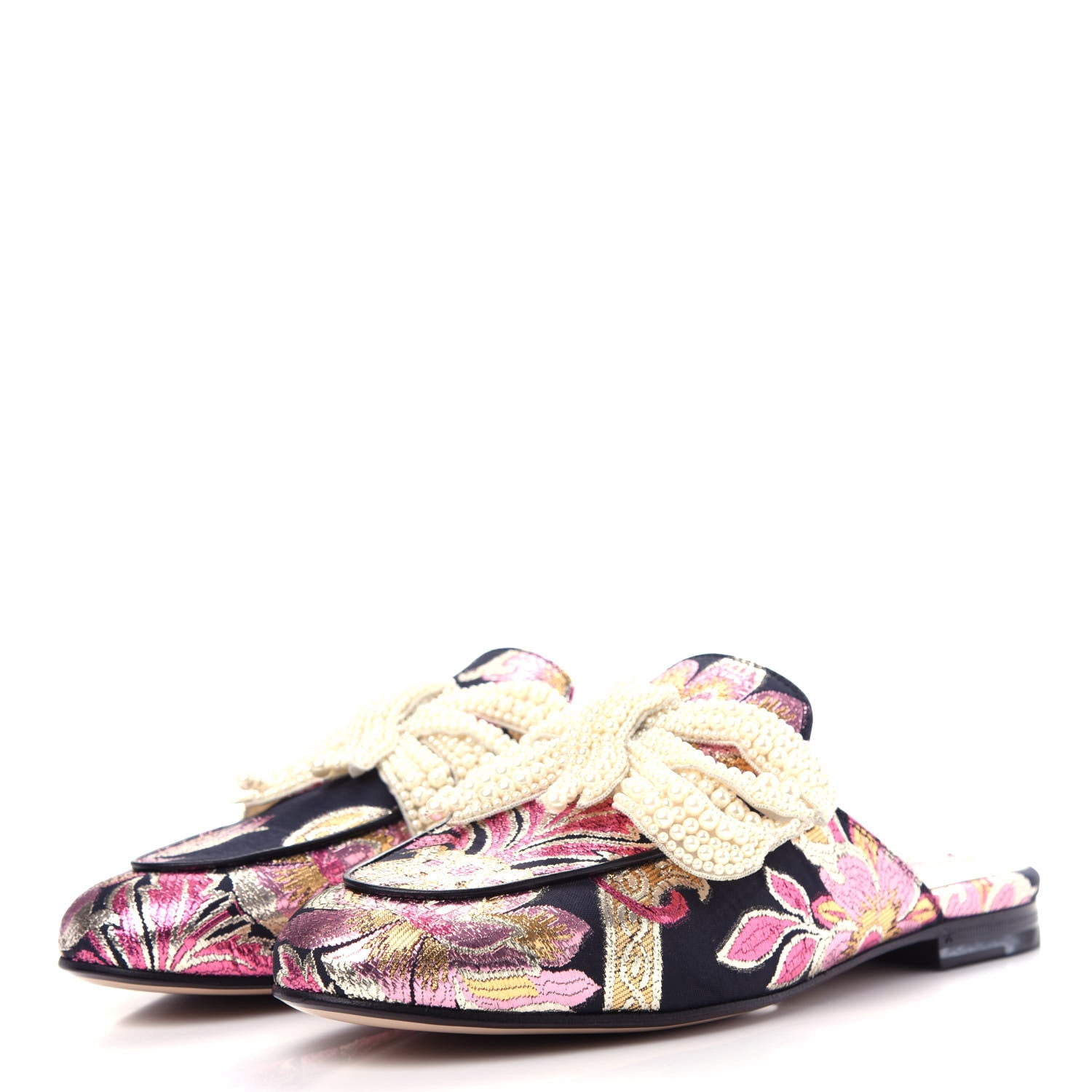 Gucci Iridescent Brocade Pearl Bow Womens Princetown Slippers 37.5 Black Pink 3 of 11