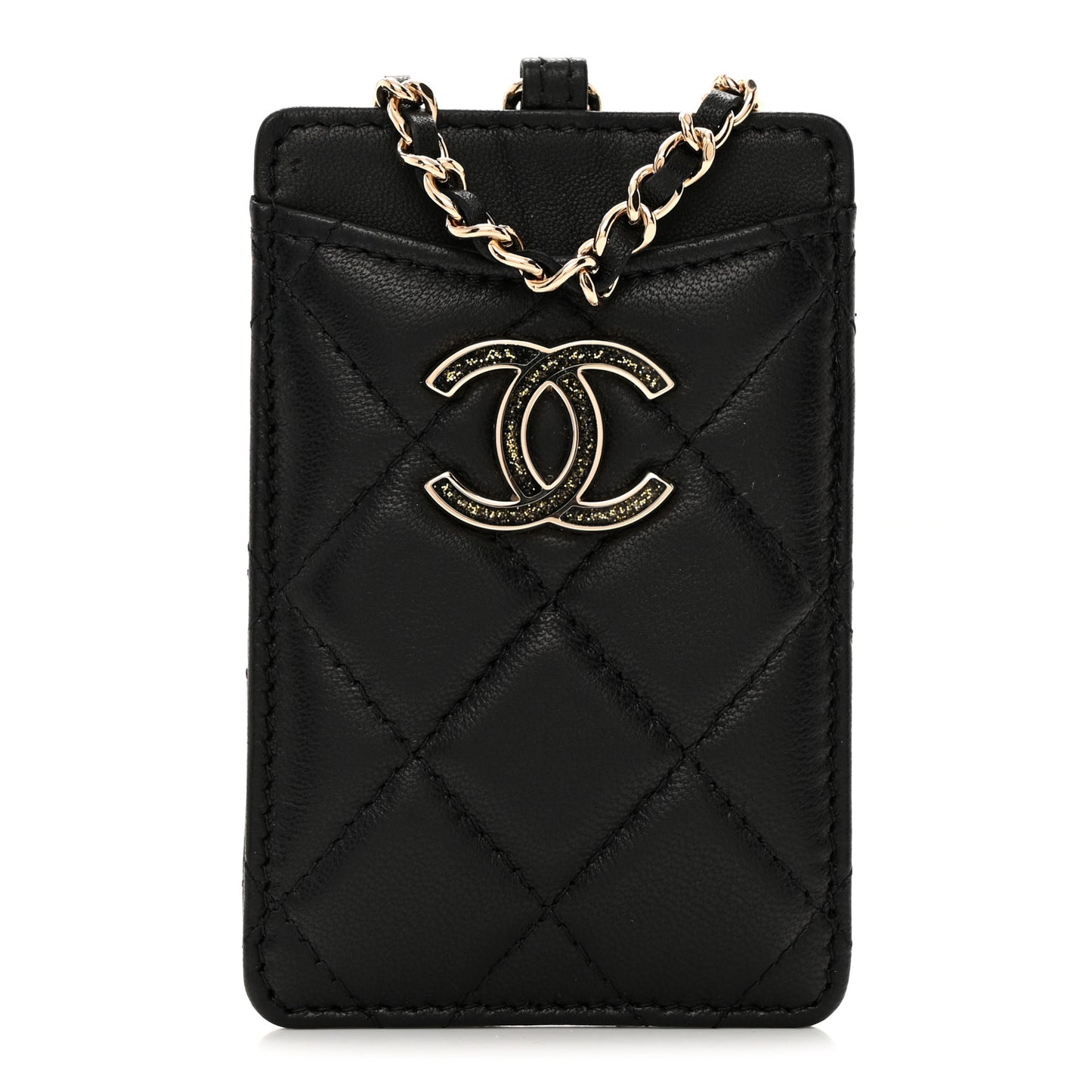 Lambskin Quilted Glitter Card Holder On Chain Black