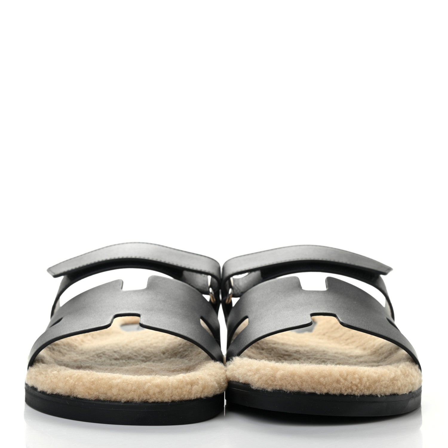Hermes Veau Indios Woolskin Mens Chypre Sandals 44 Black Ecru 2 of 8