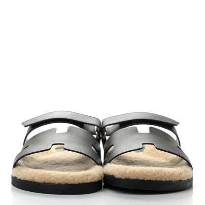 Hermes Veau Indios Woolskin Mens Chypre Sandals 44 Black Ecru 2 of 8