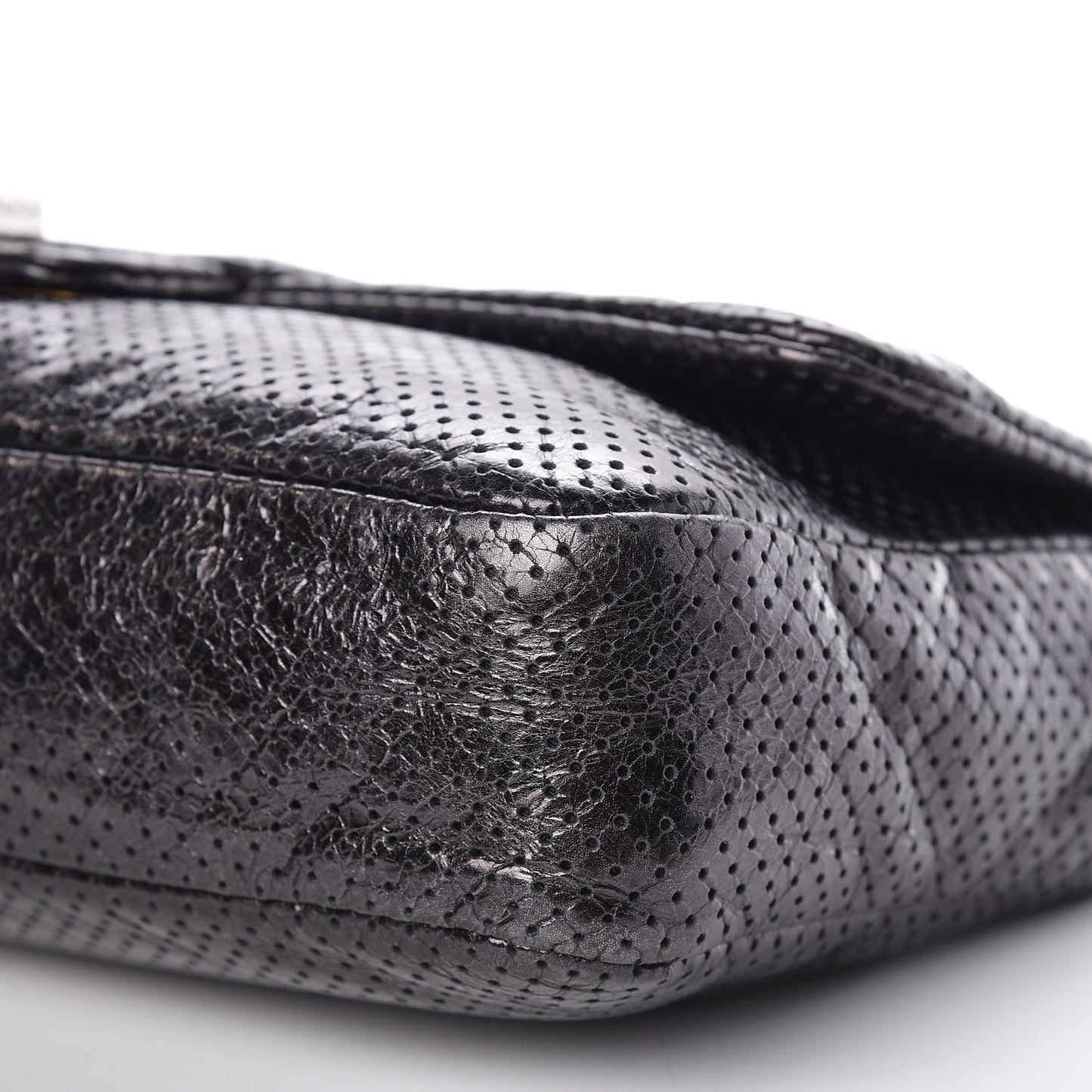 Metallic Crackled Calfskin Large Perforated Drill Flap Black
