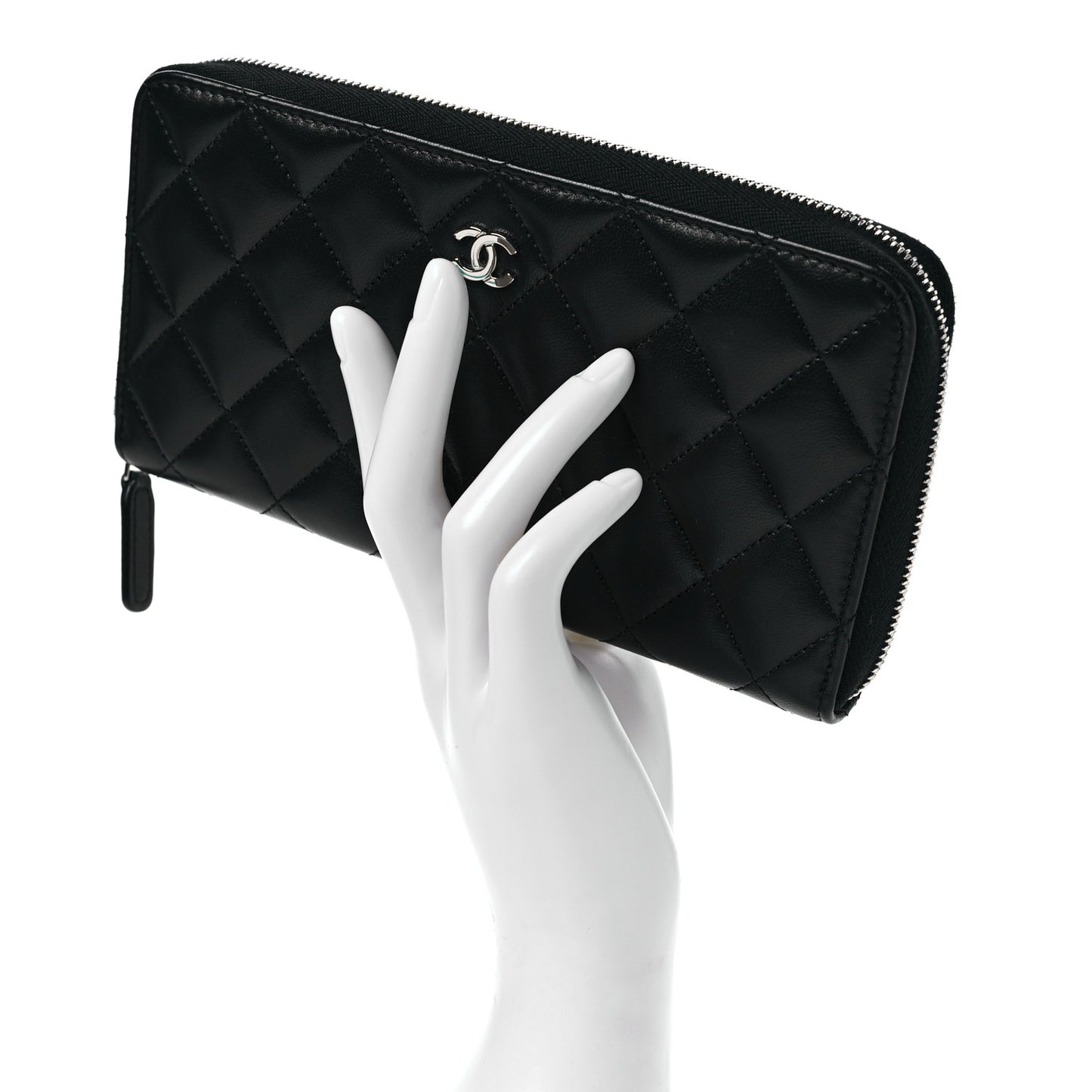 Lambskin Quilted Large Gusset Zip Around Wallet Black