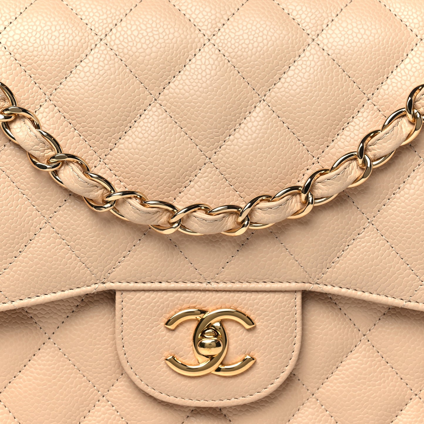 Caviar Quilted Jumbo Double Flap Beige