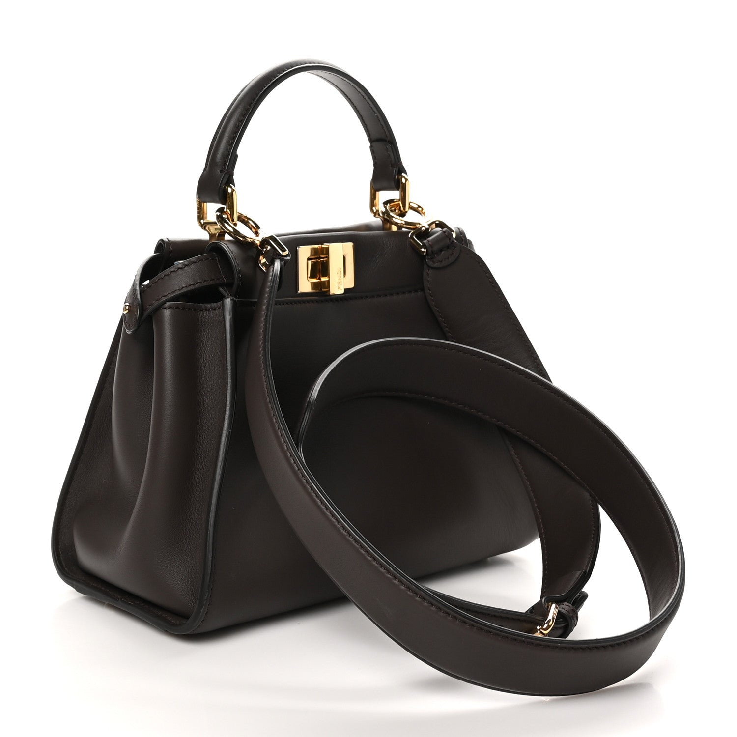 Fendi Vitello Seta Suede FF Mini Peekaboo Iconic Satchel Chocolate Sigaro Marrone 3 of 10