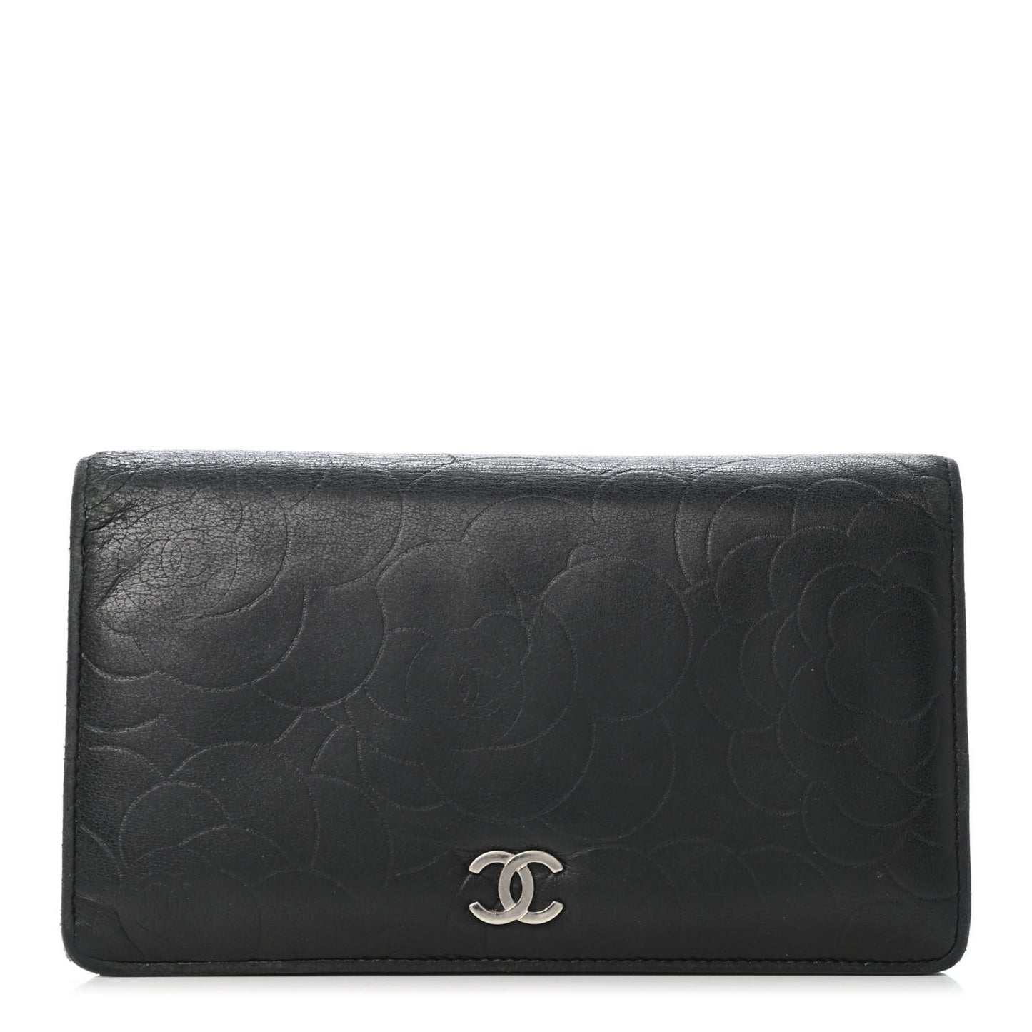 Lambskin Camellia Embossed Yen Wallet Black
