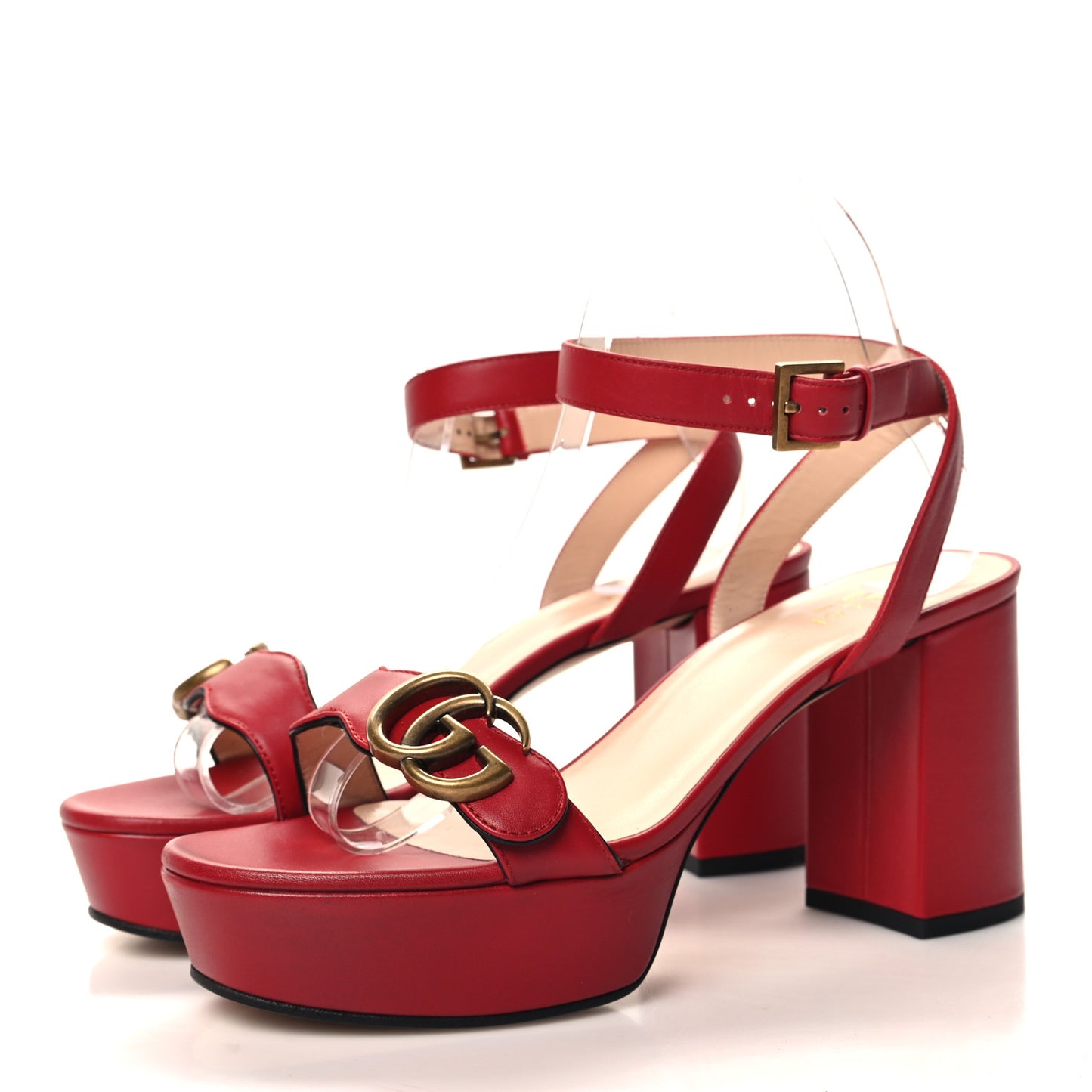 Calfskin GG Marmont Ankle Wrap 30/90mm Platform Sandals 36.5 Hibiscus Red