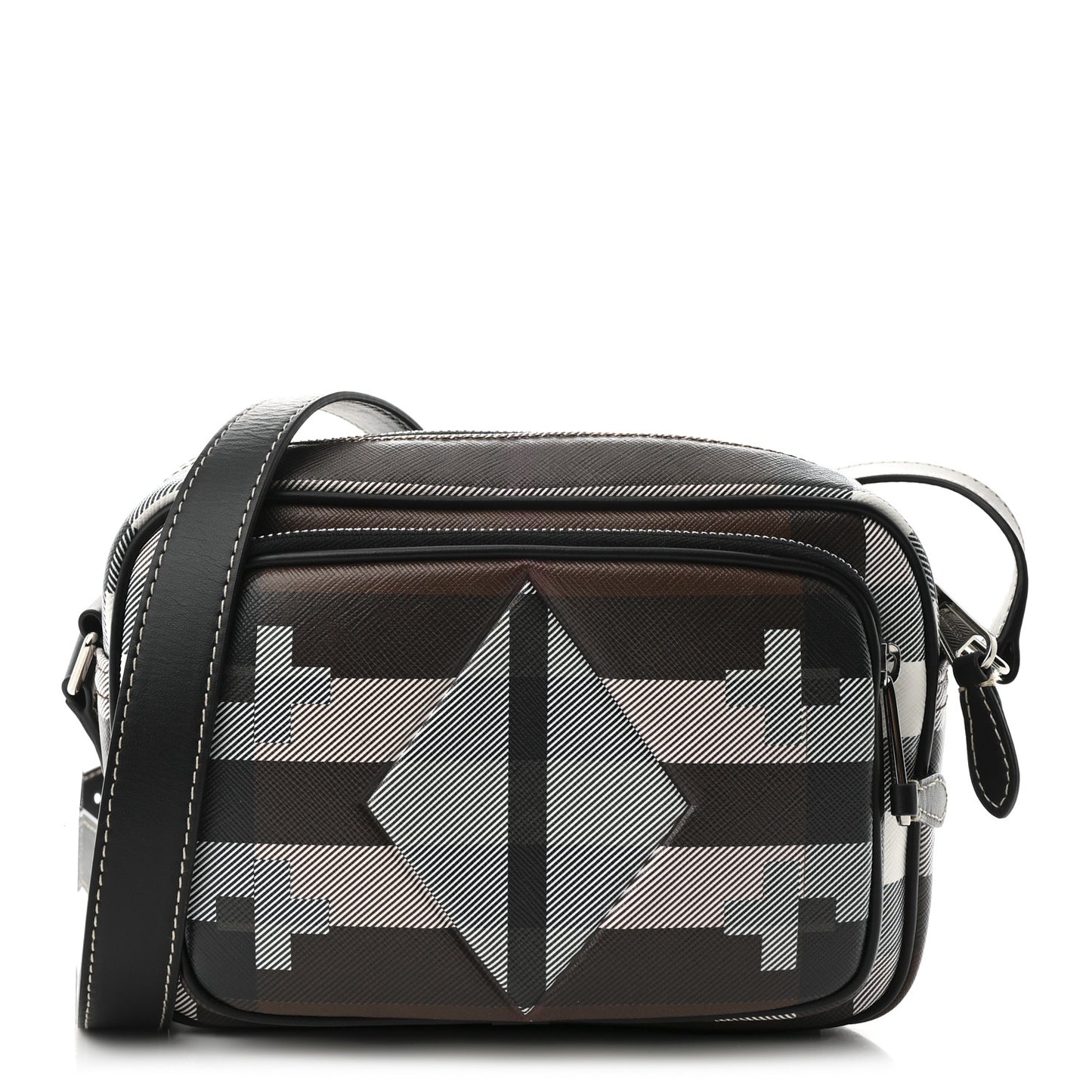 E-Canvas Calfskin Geometric Check Paddy Messenger Dark Birch Brown White