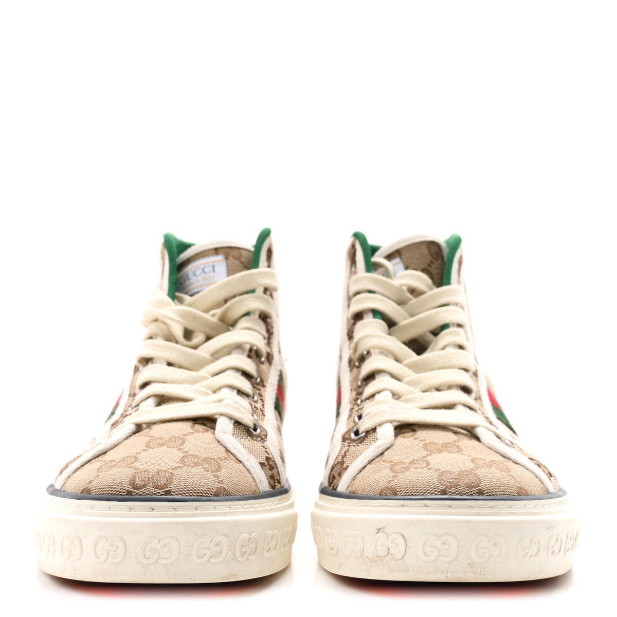 Gucci GG Monogram Web Mens 1977 Tennis High Top Sneakers 7.5 Beige Ebony Mystic White 3 of 9