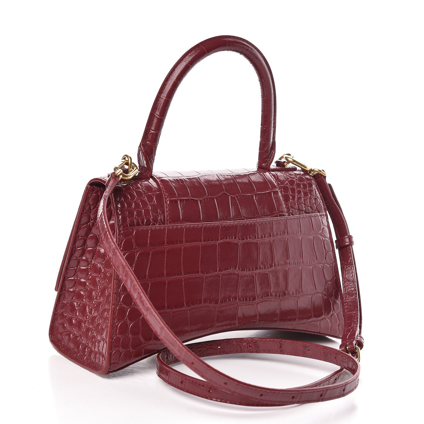 Shiny Calfskin Crocodile Embossed Small Hourglass Top Handle Bag Dark Red