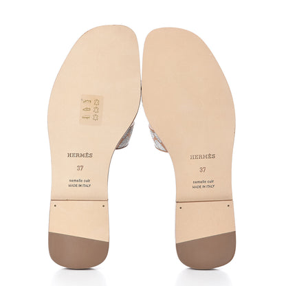 Hermes Embroidered Calfskin Oran Sandals 37 Naturel Gris Argente 7 of 7