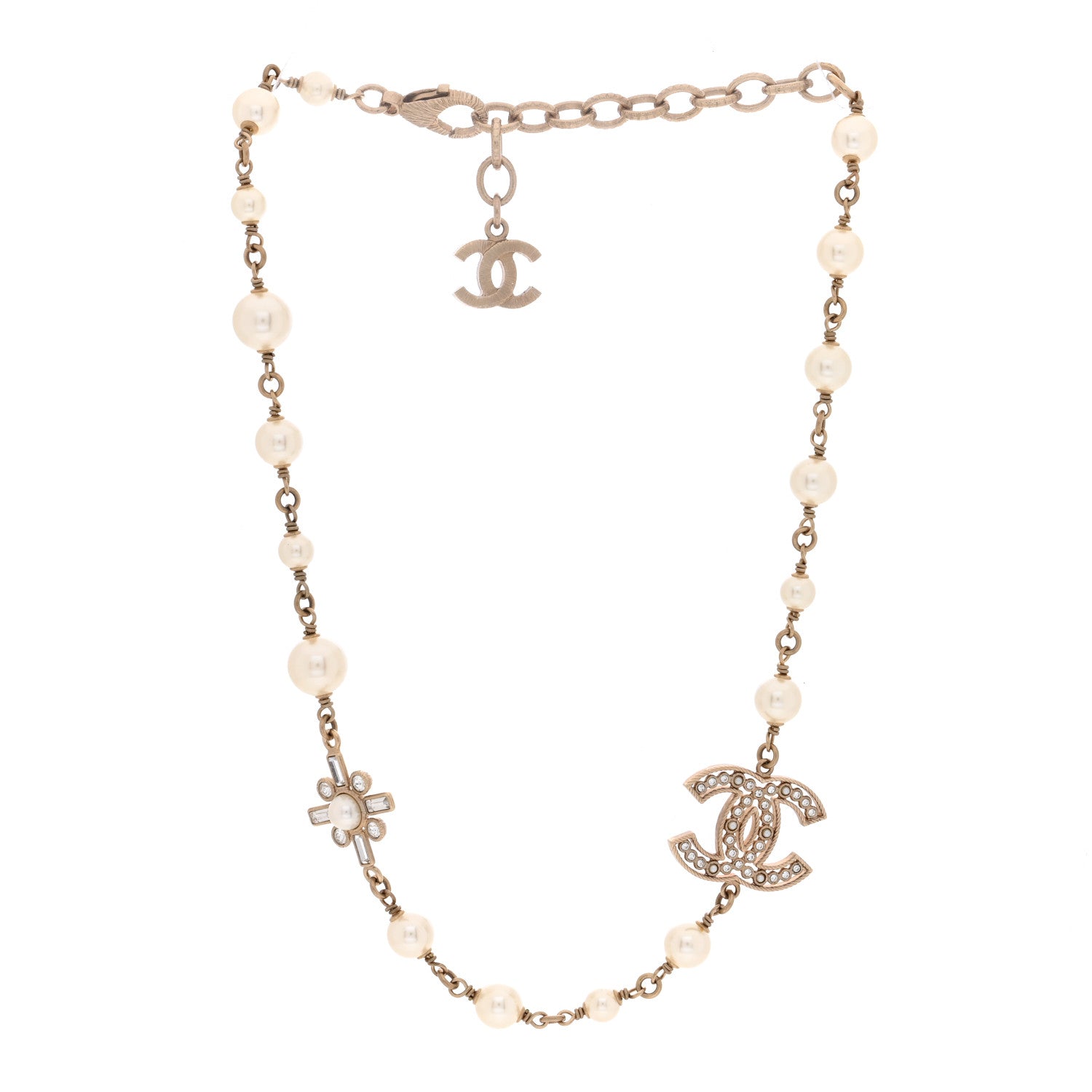 Chanel Crystal Baguette Pearl CC Cross Short Necklace Gold 3 of 5