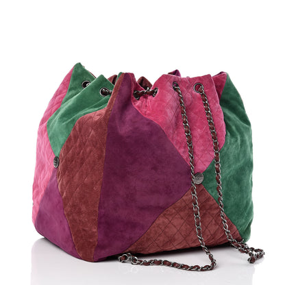 Chanel Suede Quilted Patchwork Drawstring Backpack Green Pink Purple Burgundy 3 of 9