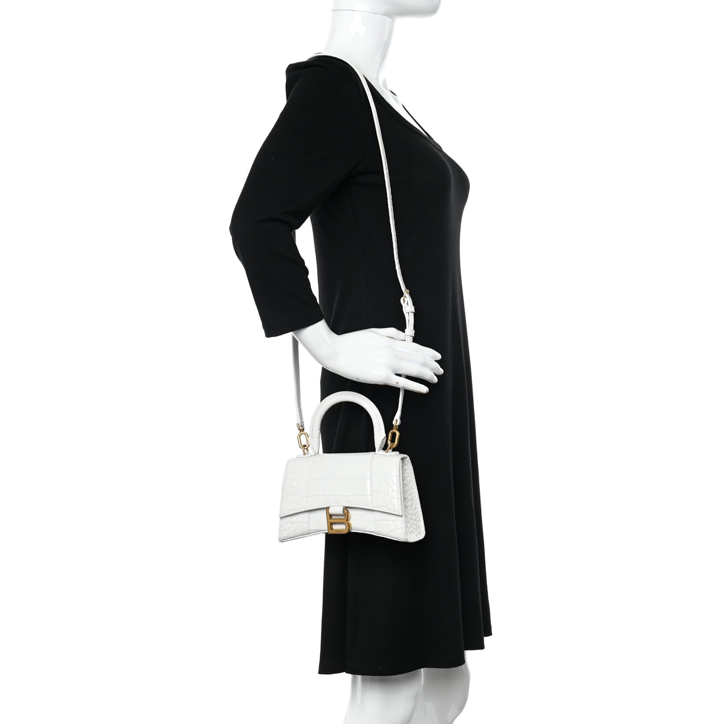 Shiny Calfskin Crocodile Embossed Hourglass Top Handle Bag XS White