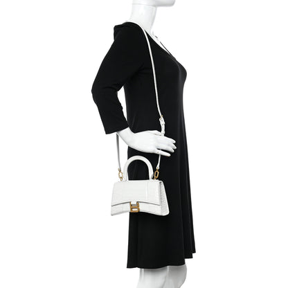 Balenciaga Shiny Calfskin Crocodile Embossed Hourglass Top Handle Bag XS White 2 of 11