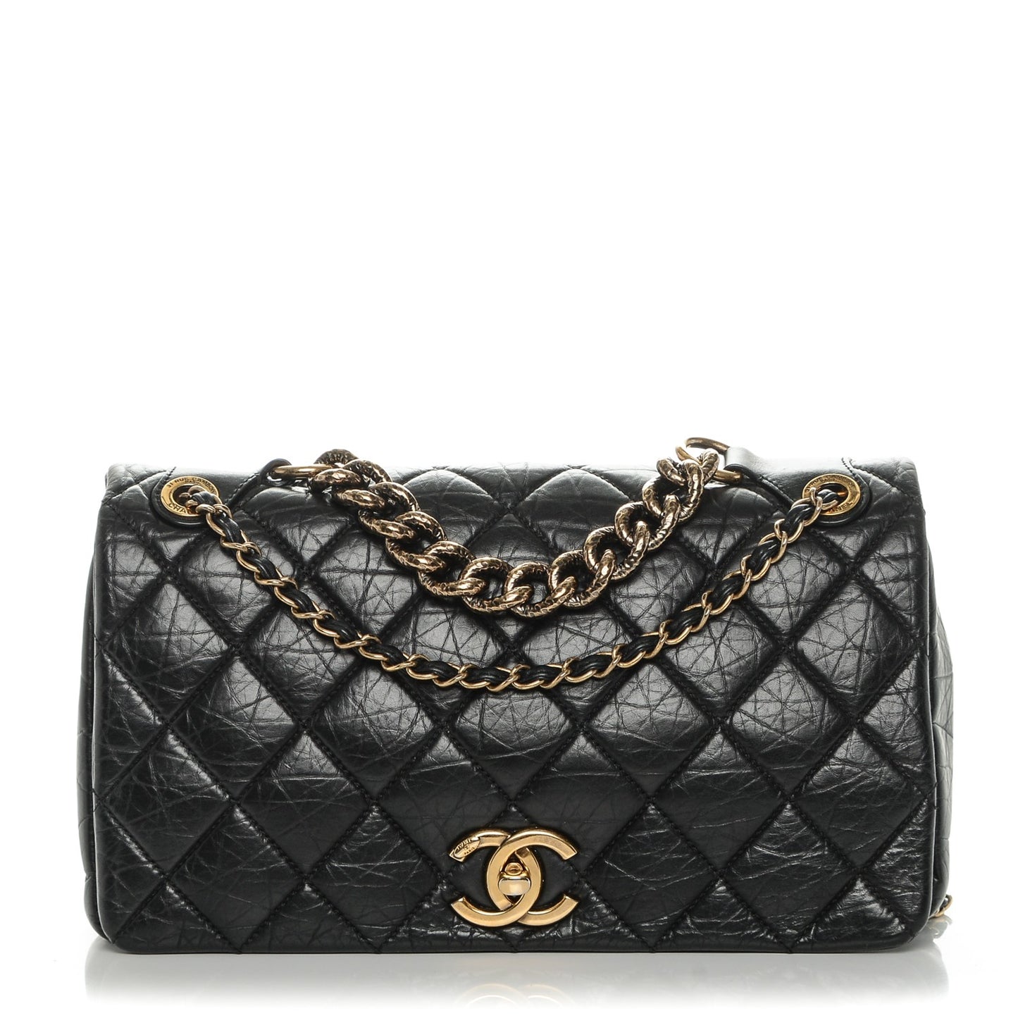 Aged Calfskin Quilted Medium Pondichery Flap Black