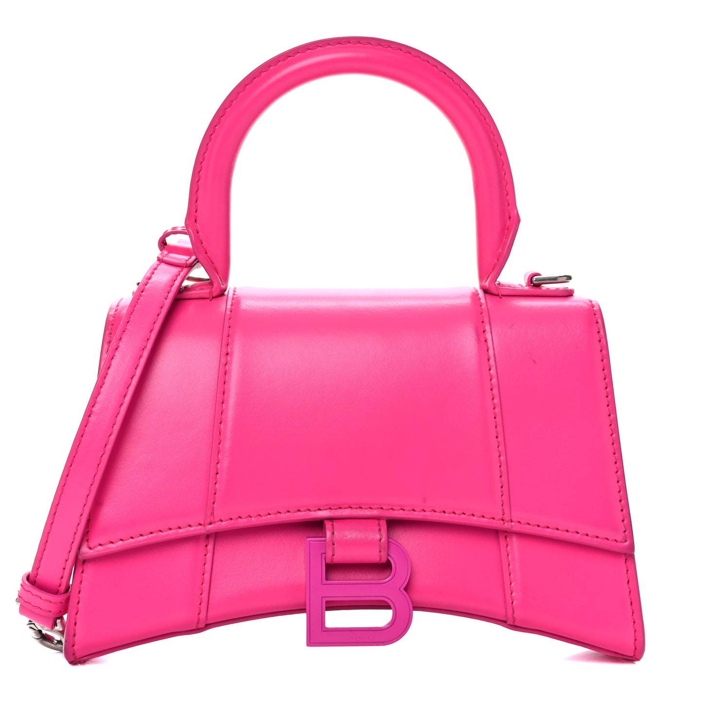 Shiny Box Calfskin Tonal B Hourglass Top Handle Bag XS Fuchsia