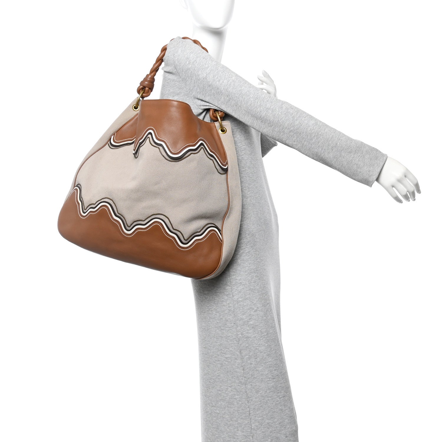 Bottega Veneta Canvas Calfskin Trimmed Tote Beige Brown 2 of 10