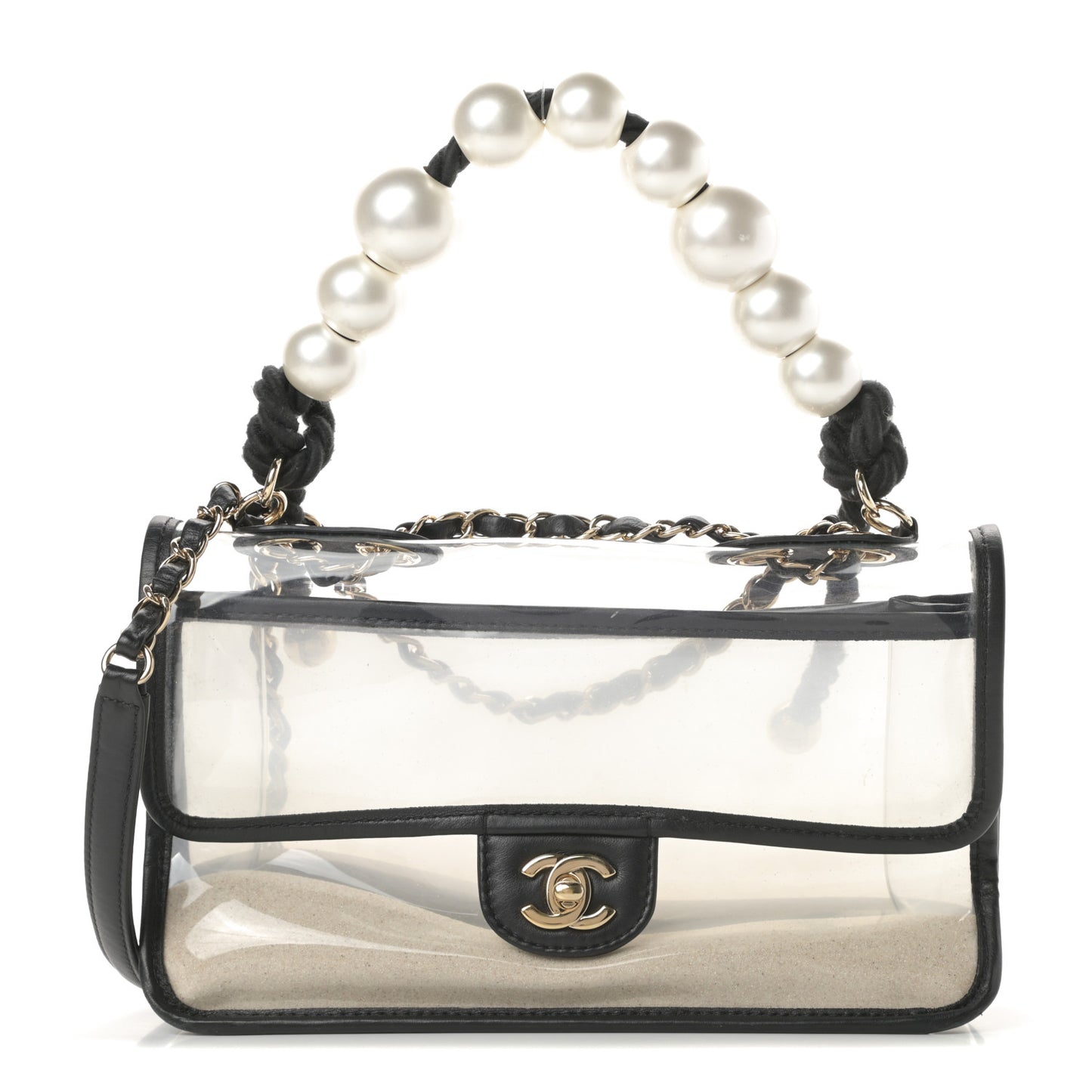 Lambskin PVC Sand By The Sea Flap With Pearl Strap Black