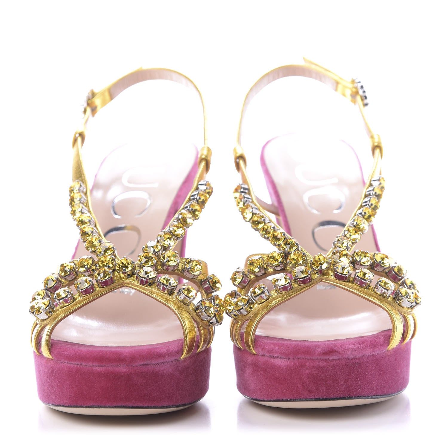 Gucci Velvet Nappa Crystal Zephyra Slingback Platform High Heel Sandals 35.5 Pink Gold 2 of 11