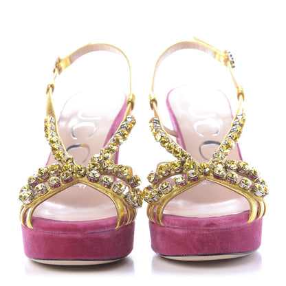 Gucci Velvet Nappa Crystal Zephyra Slingback Platform High Heel Sandals 35.5 Pink Gold 2 of 11