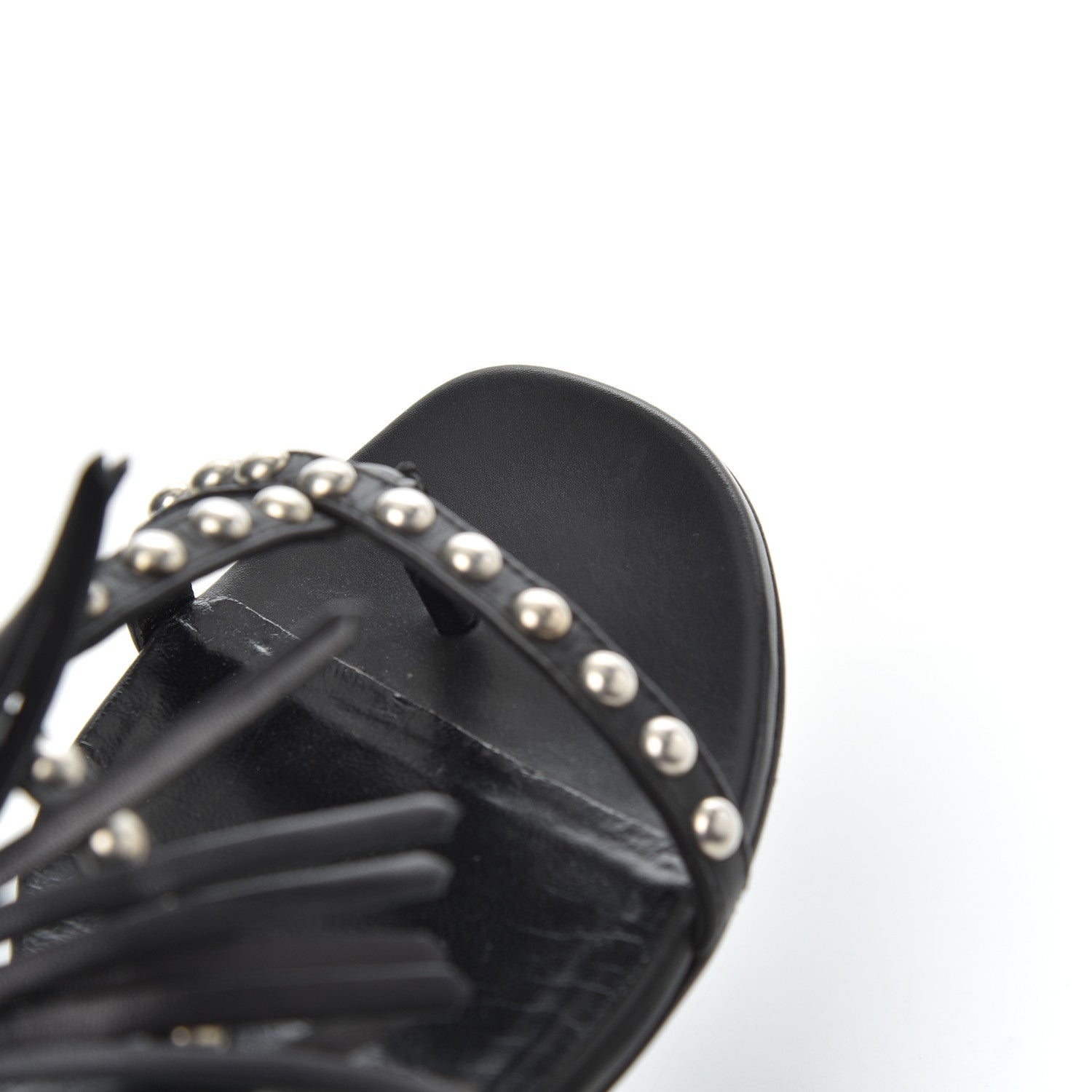 Saint Laurent Calfskin Studded Fringe Cyuko Sandals 37 Black 13 of 18
