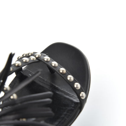 Saint Laurent Calfskin Studded Fringe Cyuko Sandals 37 Black 13 of 18