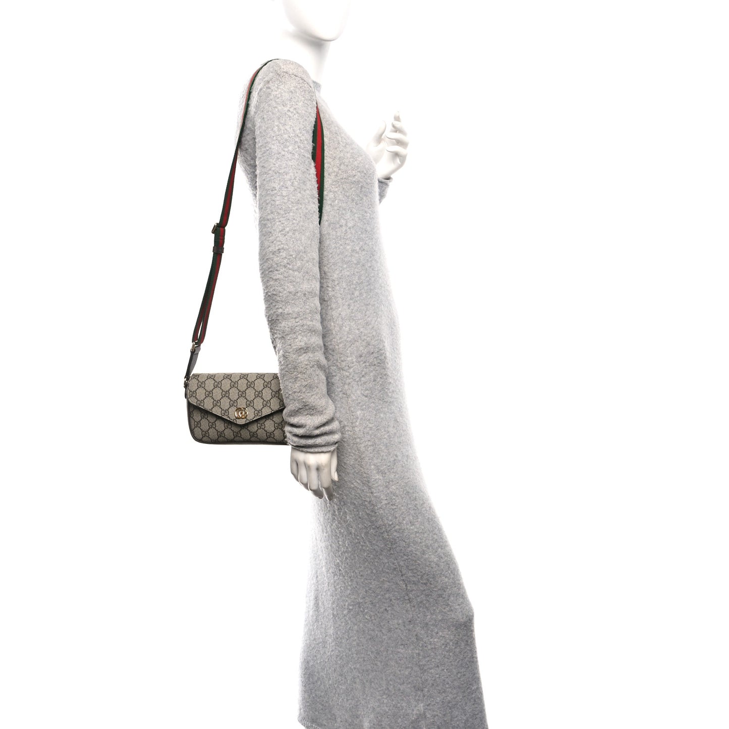 GG Supreme Monogram Textured Dollar Calfskin Web Mini Ophidia Envelope Shoulder Bag Beige Ebony New Acero