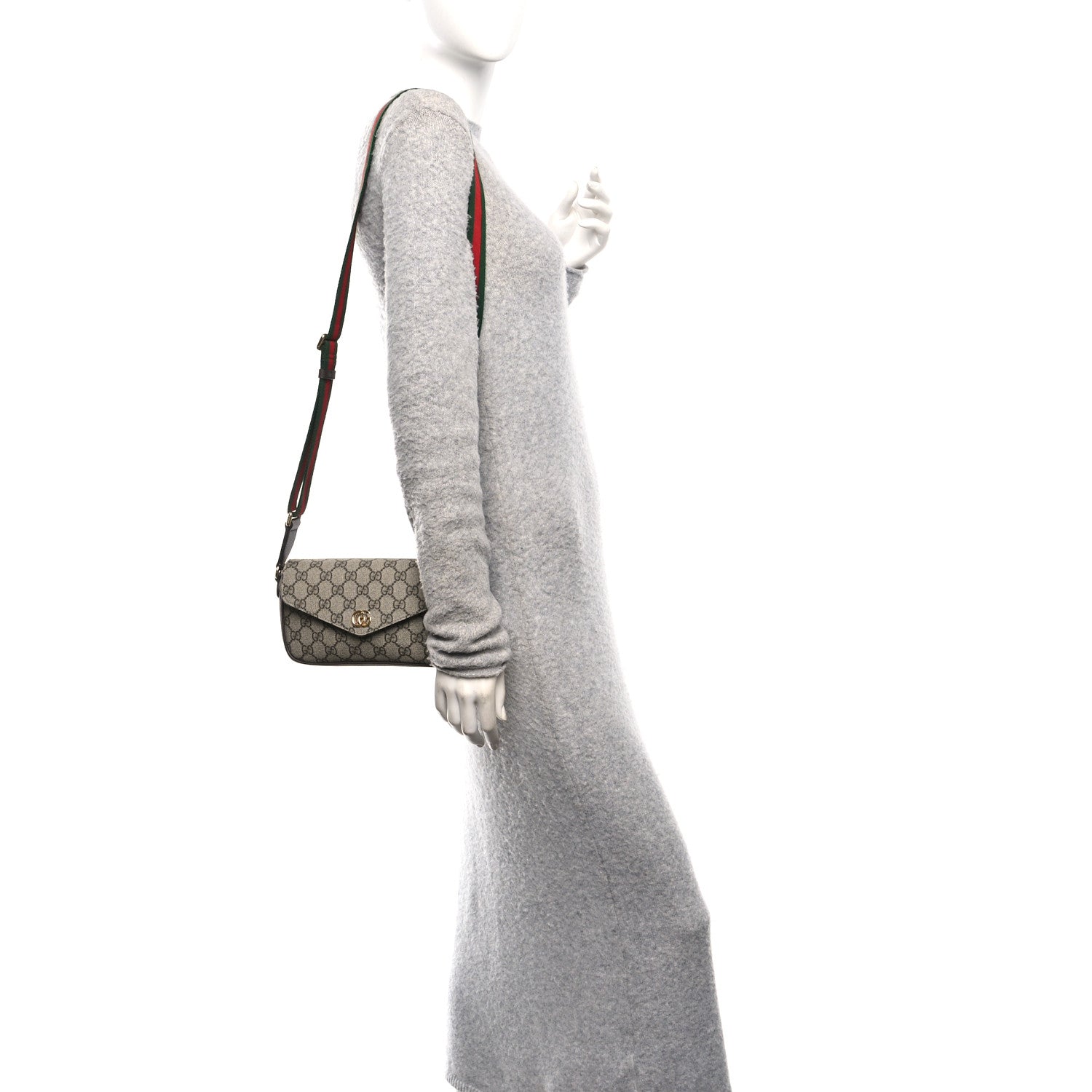 Gucci GG Supreme Monogram Textured Dollar Calfskin Web Mini Ophidia Envelope Shoulder Bag Beige Ebony New Acero 2 of 11
