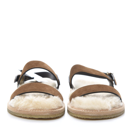Saint Laurent Suede Shearling Joan Noe Flat Sandals 38 Brown 2 of 8