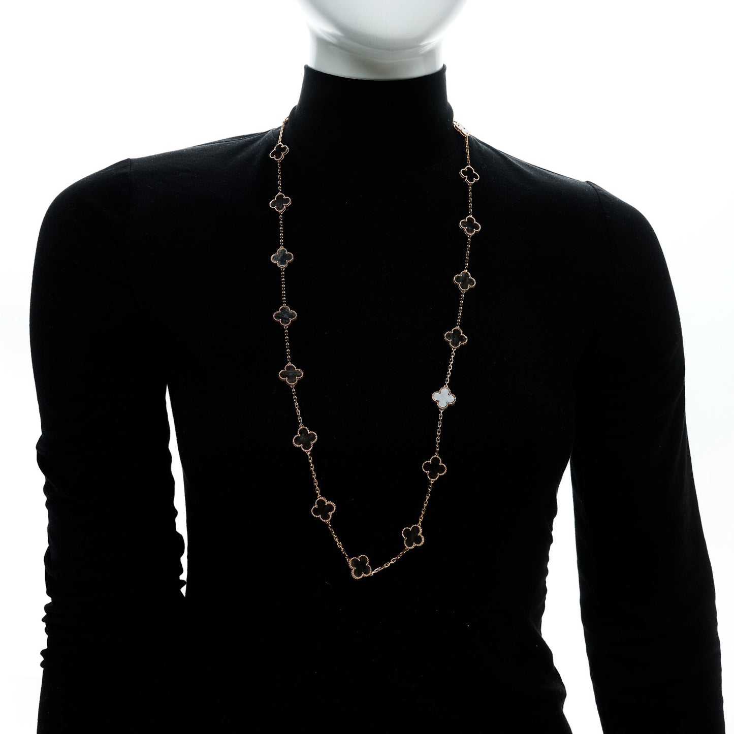 18K Rose Gold Silver Obsidian 20 Motifs Vintage Alhambra Necklace