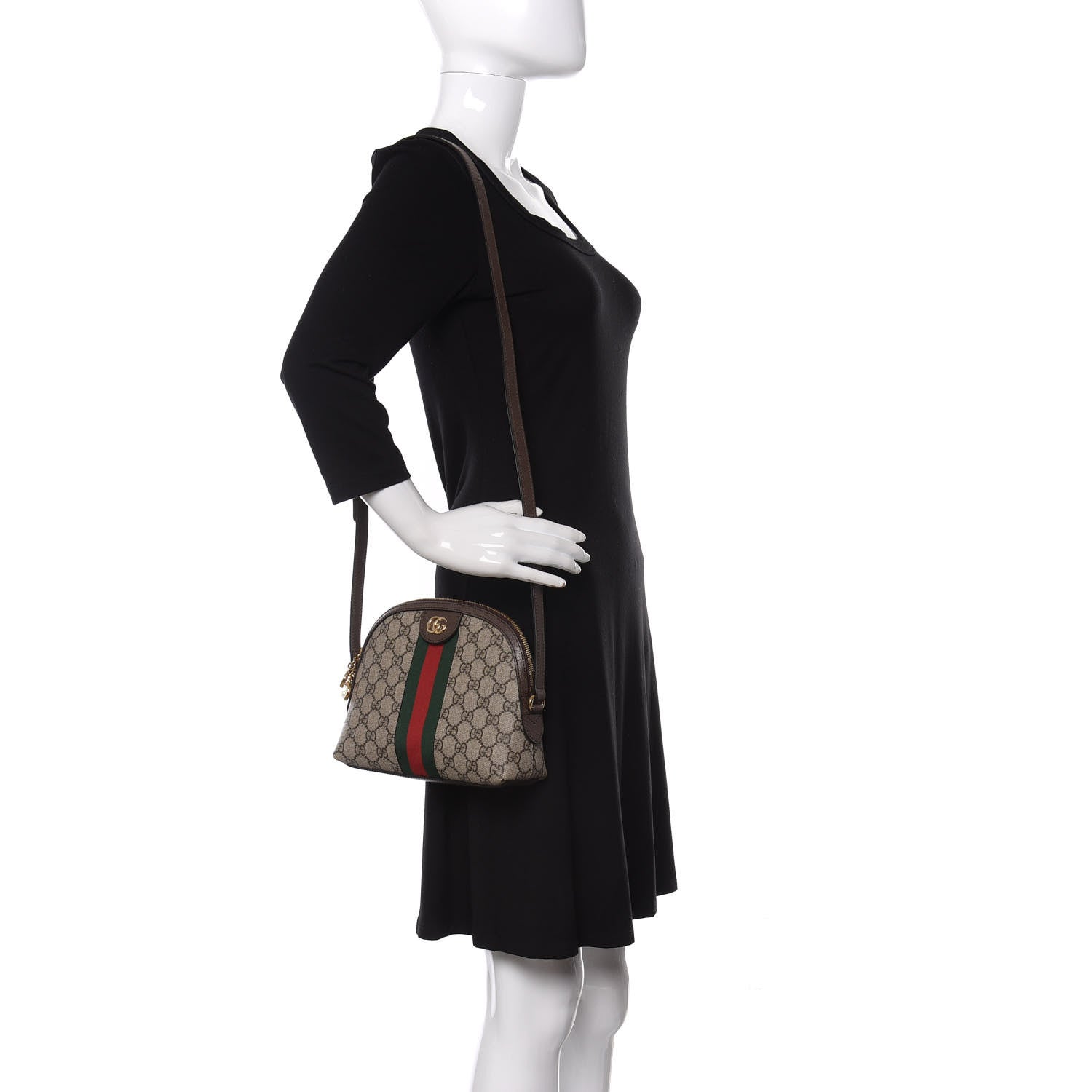 Gucci GG Supreme Monogram Textured Dollar Calfskin Web Small Ophidia Dome Shoulder Bag Beige Ebony New Acero 2 of 10