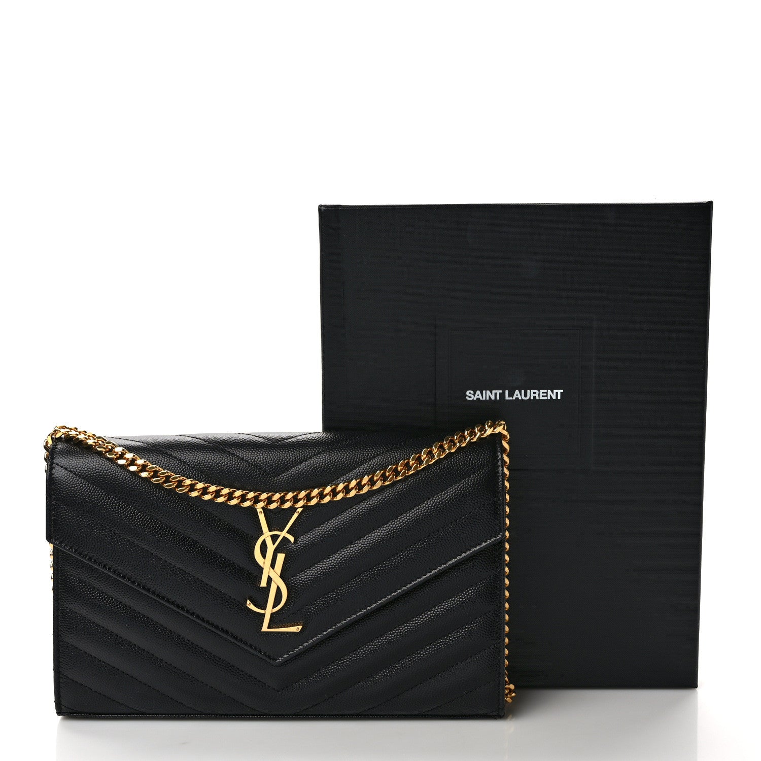 Saint Laurent Grain De Poudre Matelasse Chevron Monogram Chain Wallet Black 12 of 12