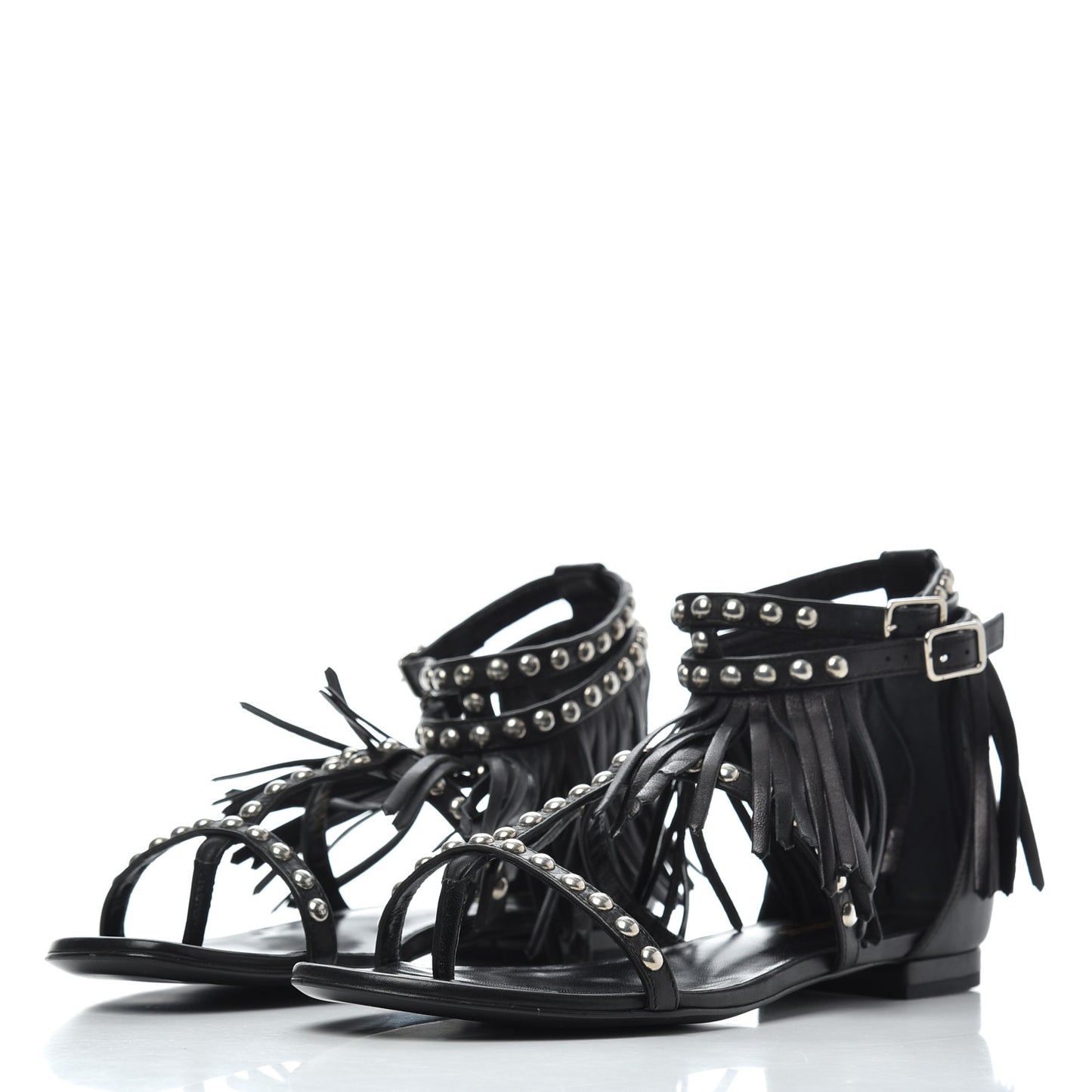 Calfskin Studded Fringe Cyuko Sandals 37 Black