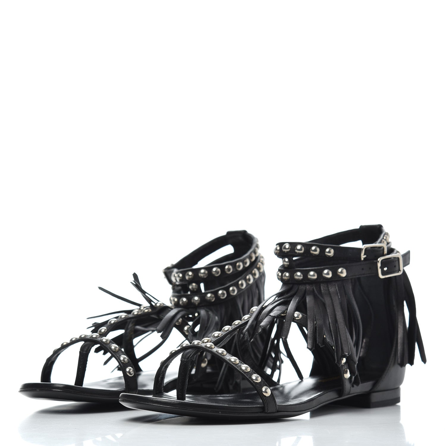 Saint Laurent Calfskin Studded Fringe Cyuko Sandals 37 Black 3 of 18