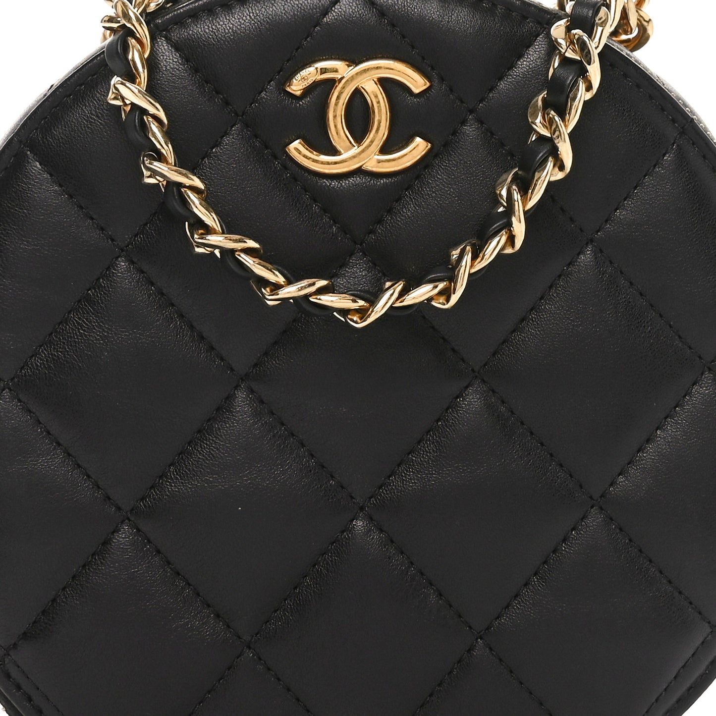 Lambskin Quilted Chain Logo Top Handle Small Round Black