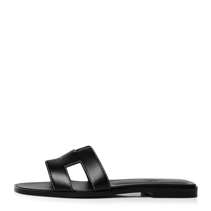 Hermes Box Calfskin Oran Sandals 37 Black 1 of 8