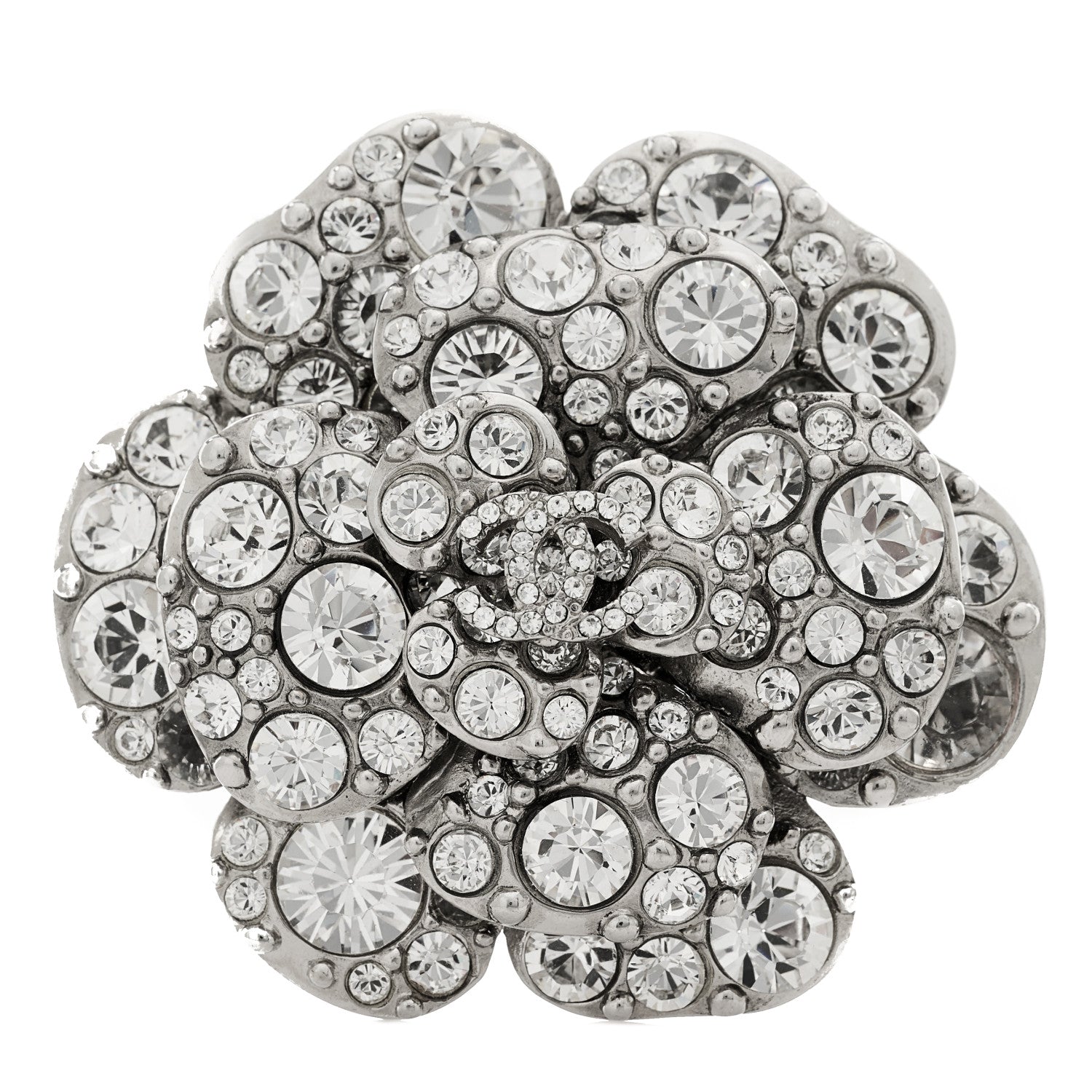 Chanel Swarovski Crystal Camellia CC Brooch Silver 1 of 3