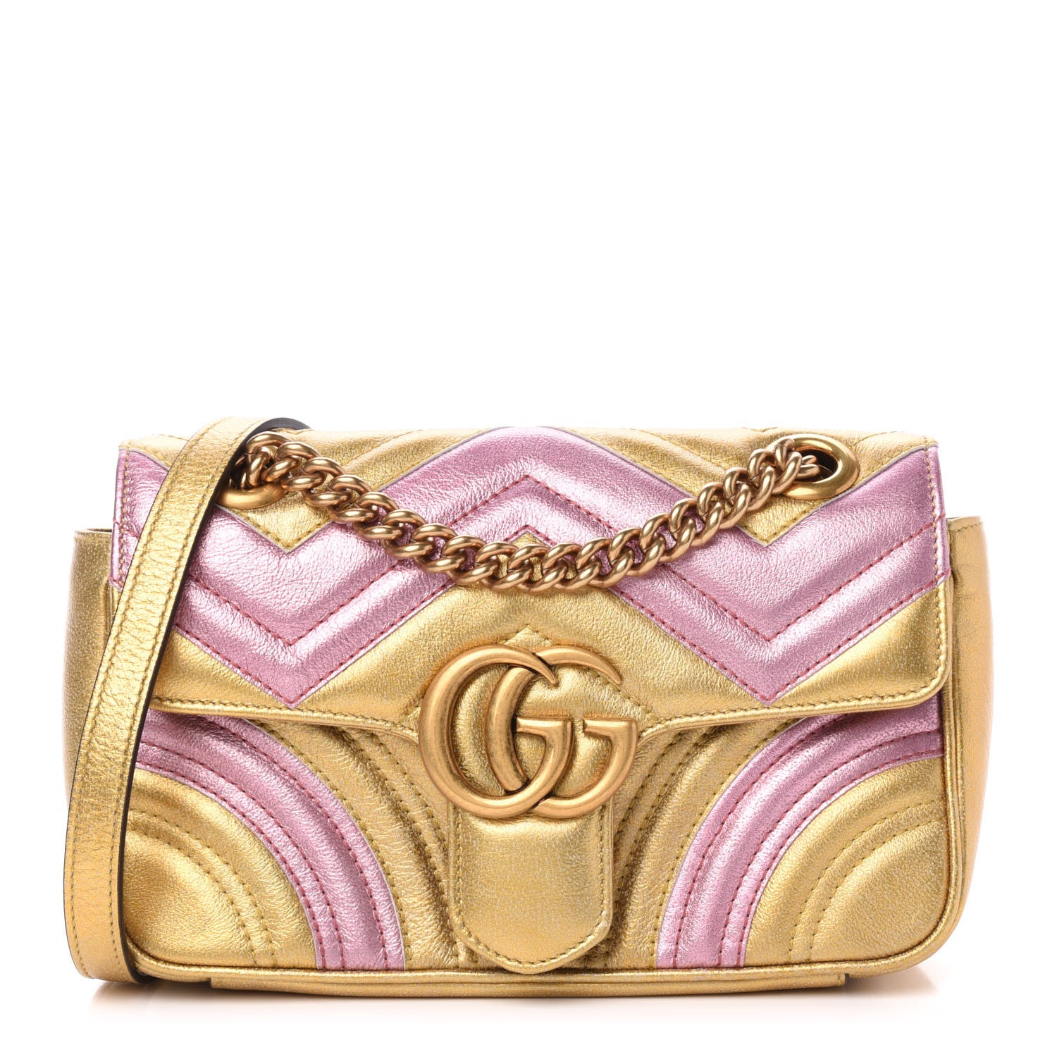 Gucci Metallic Calfskin Matelasse Mini GG Marmont Shoulder Bag Gold Pink 1 of 12